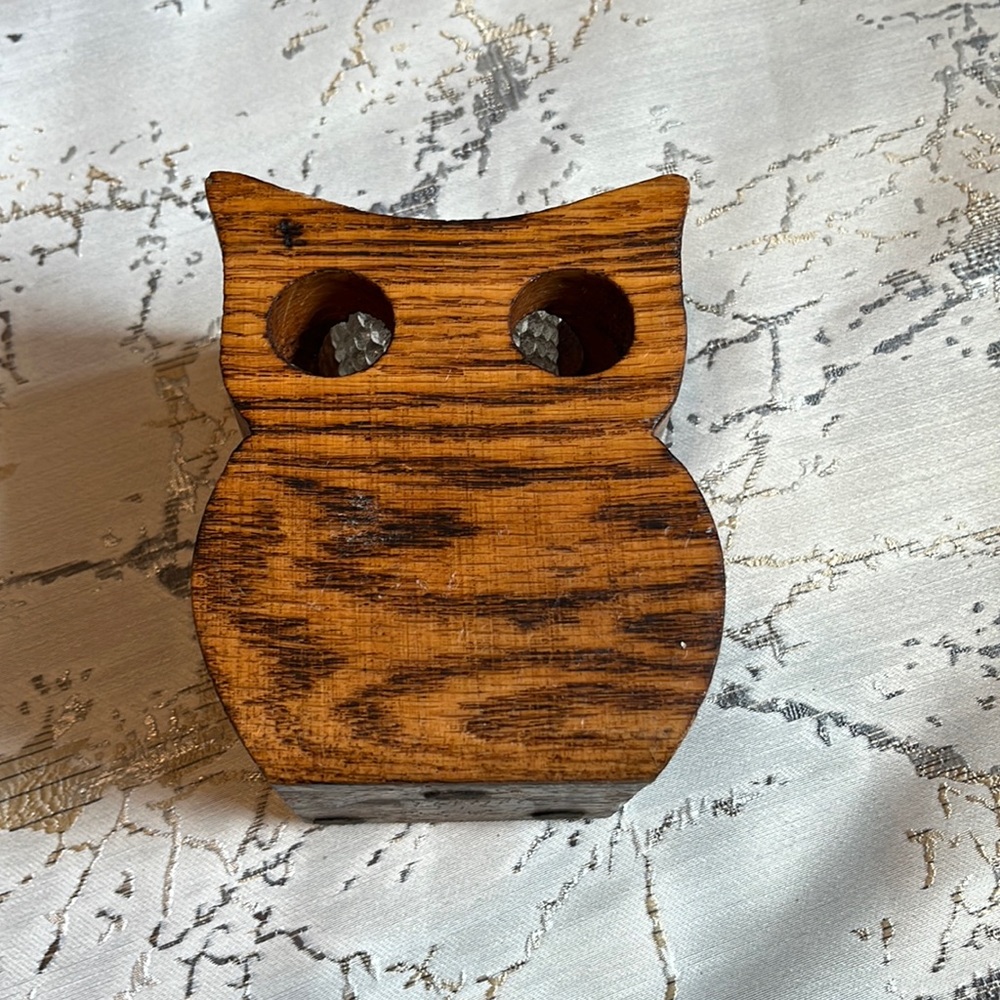 Vintage solid wood owl candleholder with tea light and tea light holder